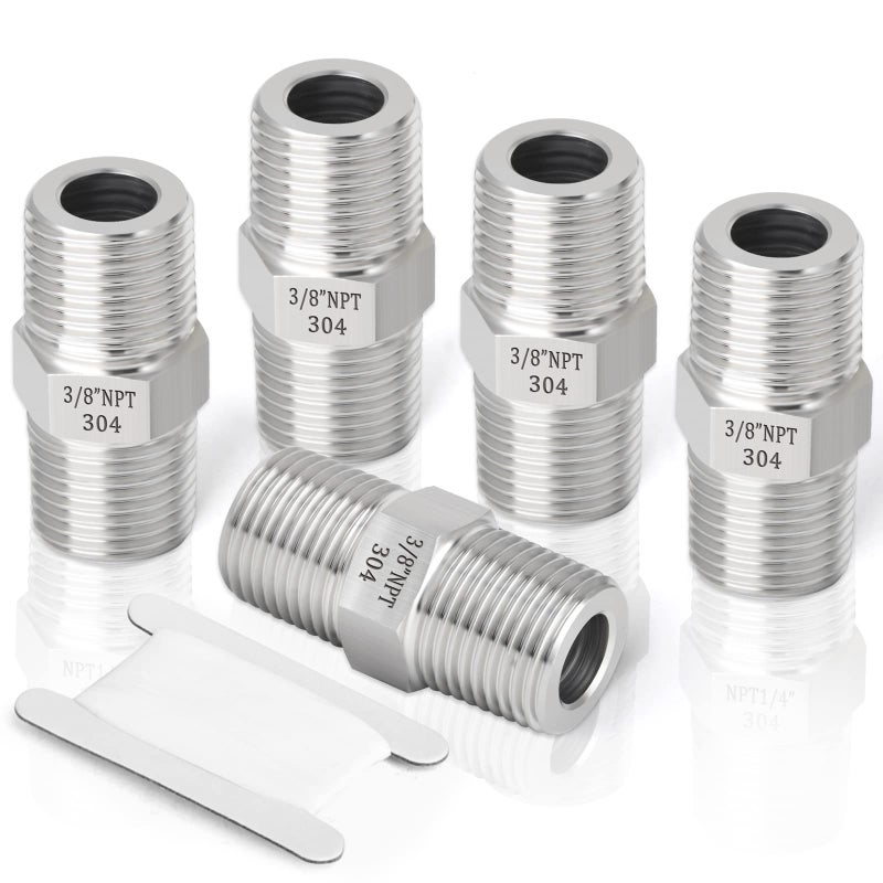 TAISHER 5PCS 304 Stainless Steel Hex Nipple, Pipe Fitting 3/8-Inch Male Pipe x 3/8-Inch Male Pipe - Image 1